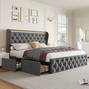 Platform Bed Frame, Velvet Upholstered Bed with Deep Button Tufted & Wingback Headboard - 1 of 4