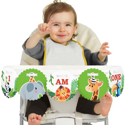 Big Dot of Happiness Jungle Party Animals 1st Birthday Highchair Decor - I Am One - First Safari Zoo Animal Birthday High Chair Banner