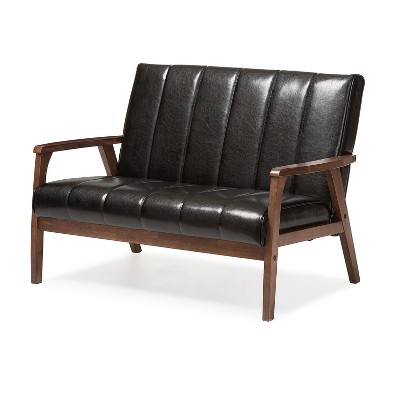 Nikko Mid-Century Modern Scandinavian Style Faux Leather Wooden 2 Seater Loveseat - Baxton Studio