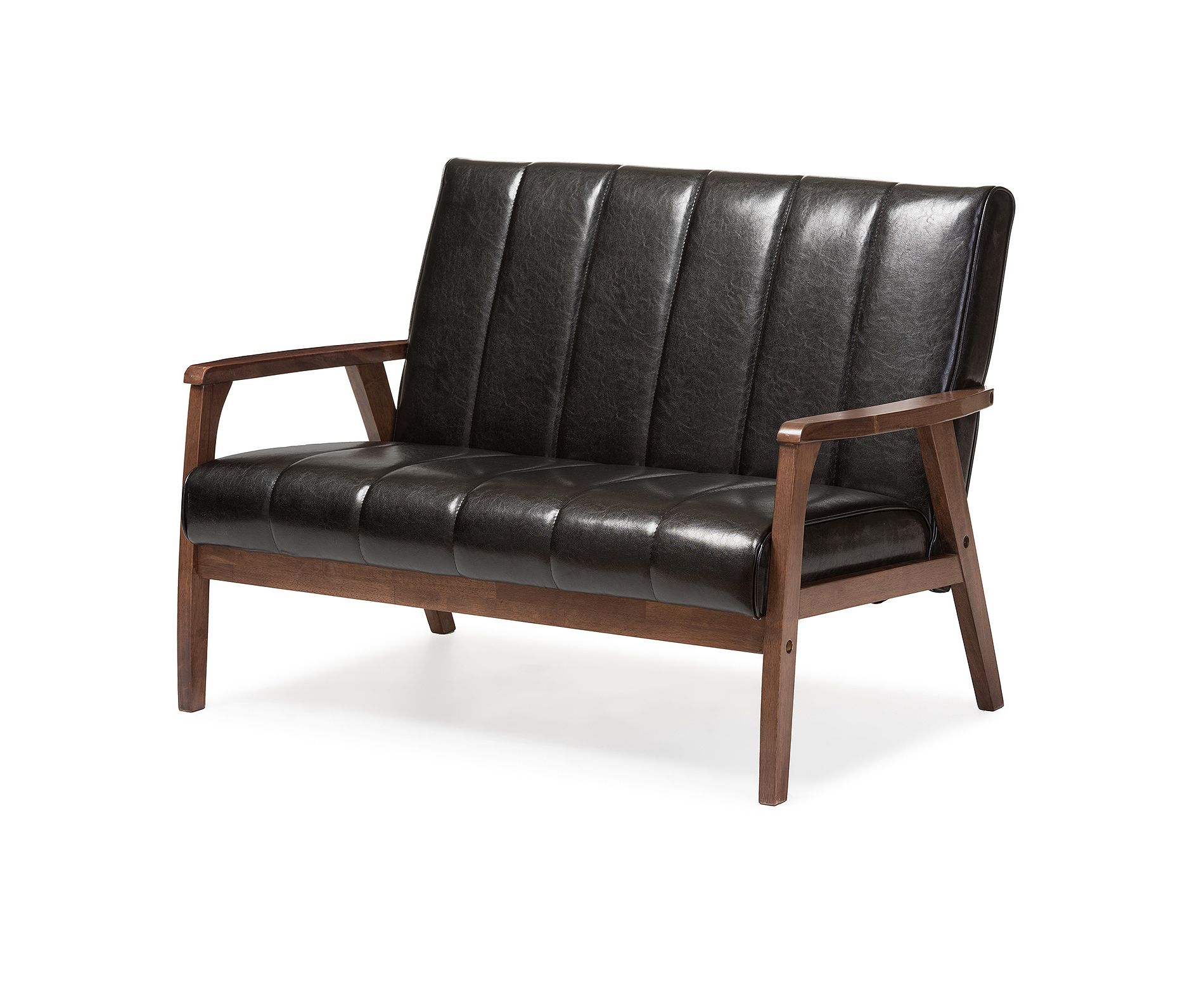 Nikko Mid-Century Modern Scandinavian Style Faux Leather Wooden 2 Seater Loveseat Black - Baxton Studio: Rubberwood Frame