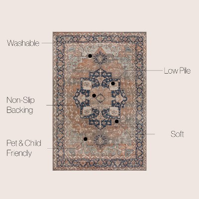 Maris Ornate Medallion Machine-Washable Beige and Blue Chenille 4' x 6' Area Rug