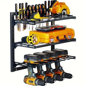 Heavy-Duty Metal Power Tool Organizer Wall Mount, 3-Tier Adjustable Garage Storage Rack, Durable Workshop Shelf for Drills, Screwdrivers, Pliers - 1 of 4