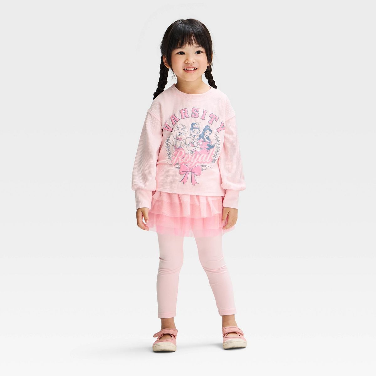 Toddler Girls' Disney Princess Varsity Sweatshirt and Legging with Tutu Skirt Set - Pink