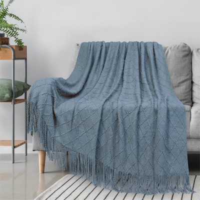 Dusty Blue Knitted Fleece Throw Blanket with Fringe