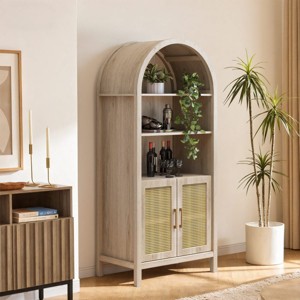 70" Arched Wood Pantry Cabinet with Faux Rattan Doors, Kitchen Storage Cabinet with Adjustable Shelves for Living Room or Dining Room - Cuddlewood - 1 of 4