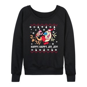 Women's - Ren & Stimpy - Happy Happy Joy Joy Lightweight French Terry Wide Neck Long Sleeve Shirt - 1 of 4