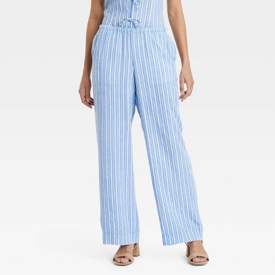 Women's Mid-Rise Wide Leg Linen Pull-On Pants - A New Day™ Blue Striped S