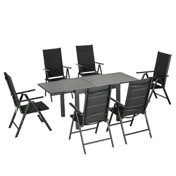 Outsunny 7 Piece Patio Dining Set for 6, Expandable Outdoor Table, Folding & Reclining Chairs, Aluminum Frames, Mesh Fabric Seats, Black