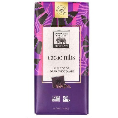 Endangered Species Chocolate, Cacao Nibs + Dark Chocolate, 72% Cocoa, 3 oz