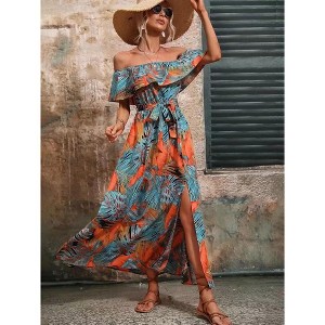 Coolmee Women's Ruffle Floral Dress Off Shoulder Short Sleeve Backless Flounce Bodice Slit Hem Beach Maxi Dresses - 1 of 4