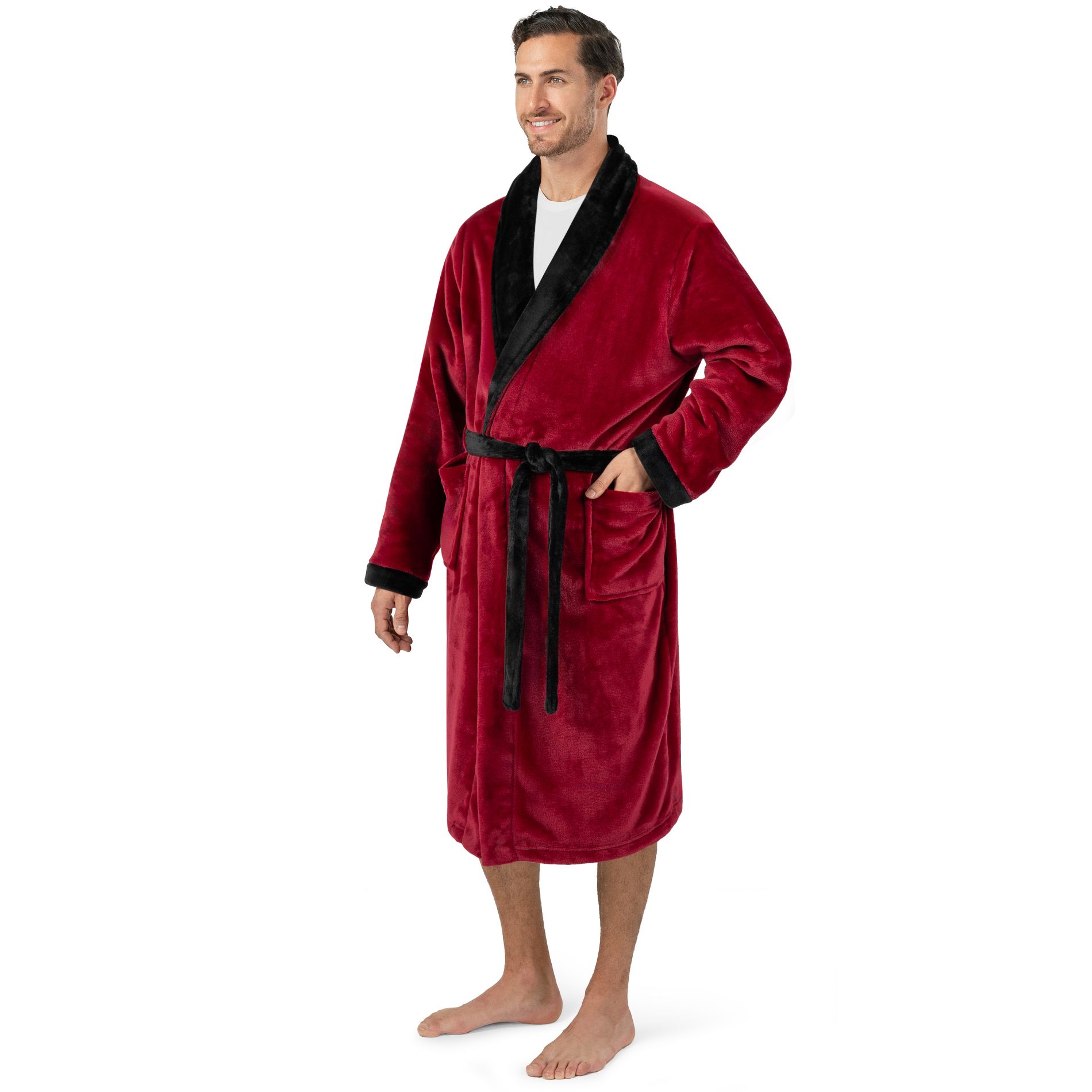 PAVILIA Mens Soft Robe, Fleece Plush Soft Long Male Bathrobe, Lightweight Fluffy Fuzzy Cozy Warm Bath Shower Spa House (Red Black, 2XL/3XL)