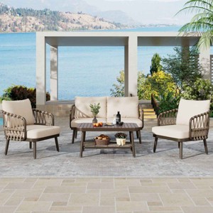 4-Piece Outdoor Patio Seating Set, Cushioned Seating with Acacia Table, Steel Frame Chairs with Woven Rope U-Shaped Backrest-Coolbibila - 1 of 4