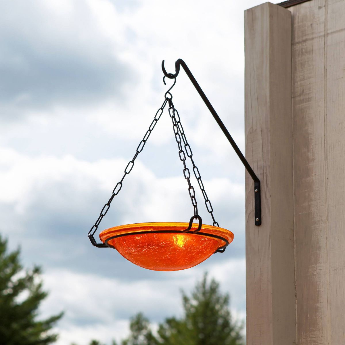 12.5" Crackle Glass Hanging Birdbath Bowl Mandarin Orange - ACHLA Designs: Wrought Iron Garden Decor - thumbnail 5