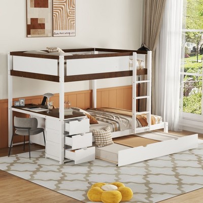 NicBex Full over Full Bunk Bed with Desk Wooden Bed Frame with Trundle, Drawers, Ladder and Full Length Guardrail, No Box Spring Required