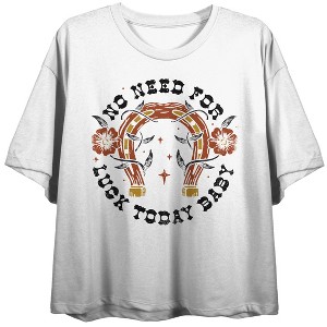 No Need For Luck Today, Baby! Distressed Horse Shoe Women's White Graphic Crop Tee - 1 of 3
