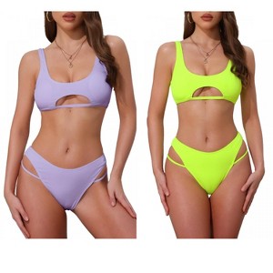 INSPIRE CHIC Women's Ribbed Scoop Neck Top Triangle Bottom Swimwear Bikini Suits 2 Sets - 1 of 4