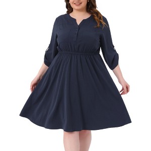 Agnes Orinda Women's Plus Size Notch Neck Rolled 3/4 Sleeve Front Button Casual A Line Midi Dresses with Pocket - 1 of 4