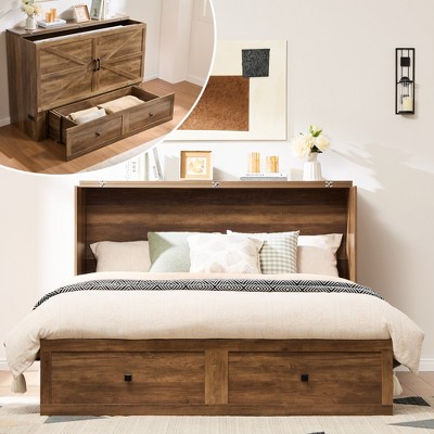 AMERLIFE Murphy Bed with Storage& Charging Station, Farmhouse Cabinet Bed, Noise-Free, for Guest Room, Apartment, or Office