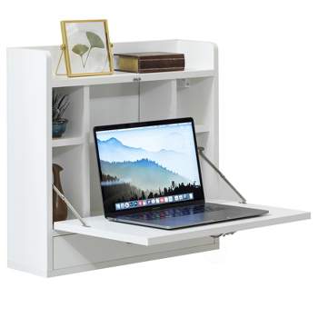 Basicwise Wall Mount Folding Laptop Writing Computer or Makeup Desk with Storage Shelves and Drawer