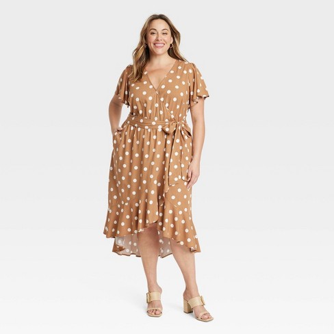 Women's Flutter Short Sleeve Midi Wrap Dress - Ava & Viv™ Tan Dots 4x :  Target