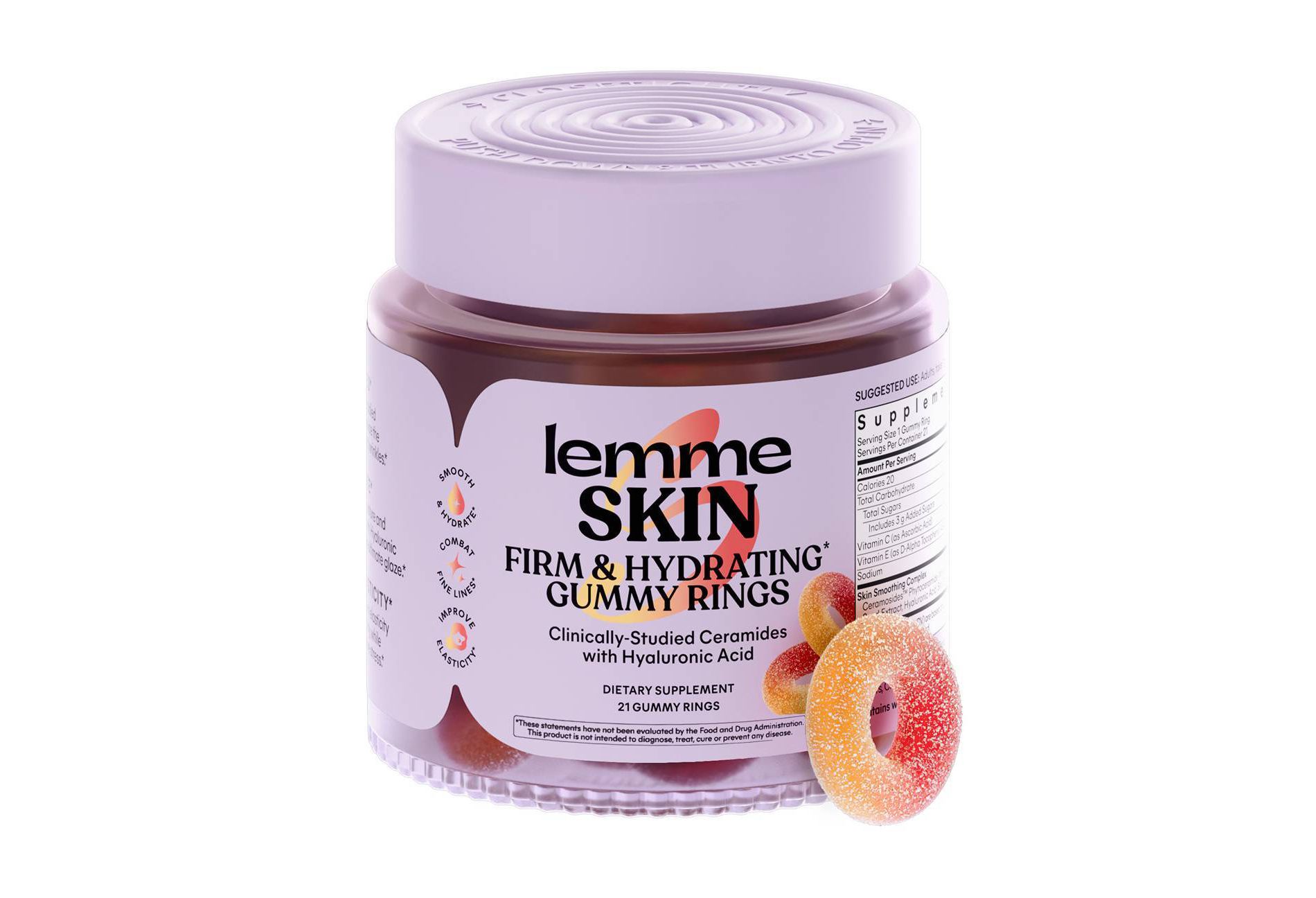 Lemme Skin Firming and Hydrating Gummy Rings - Clinically-Studied Ceramides with Hyaluronic Acid - Peach Flavored - 21ct