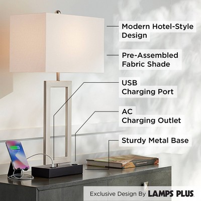 Brushed Nickel Modern Table Lamp with USB and AC Outlet