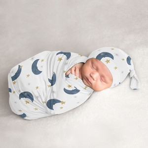 Sweet Jojo Designs Gender Neutral Baby Cocoon and Beanie Hat Swaddle Wrap Bear and Moon Blue Gold and White 2pc - 1 of 4