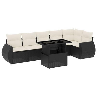 vidaXL 7 Piece Patio Sofa Set with Cushions Black and Cream Poly Rattan