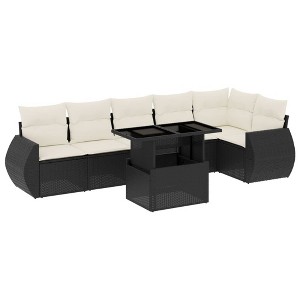 vidaXL 7 Piece Patio Sofa Set with Cushions Black and Cream Poly Rattan - 1 of 4