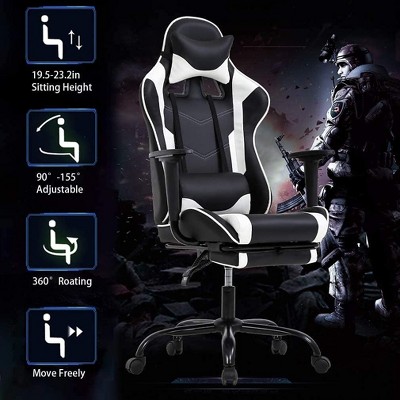 Black and White Ergonomic PU Leather Gaming Chair with Footrest