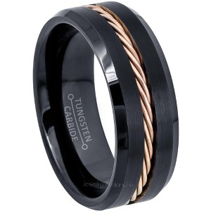 Jewelry Avalanche 8mm Beveled Black IP Rope Inlay Tungsten Carbide Mens Wedding Band - 1 of 4