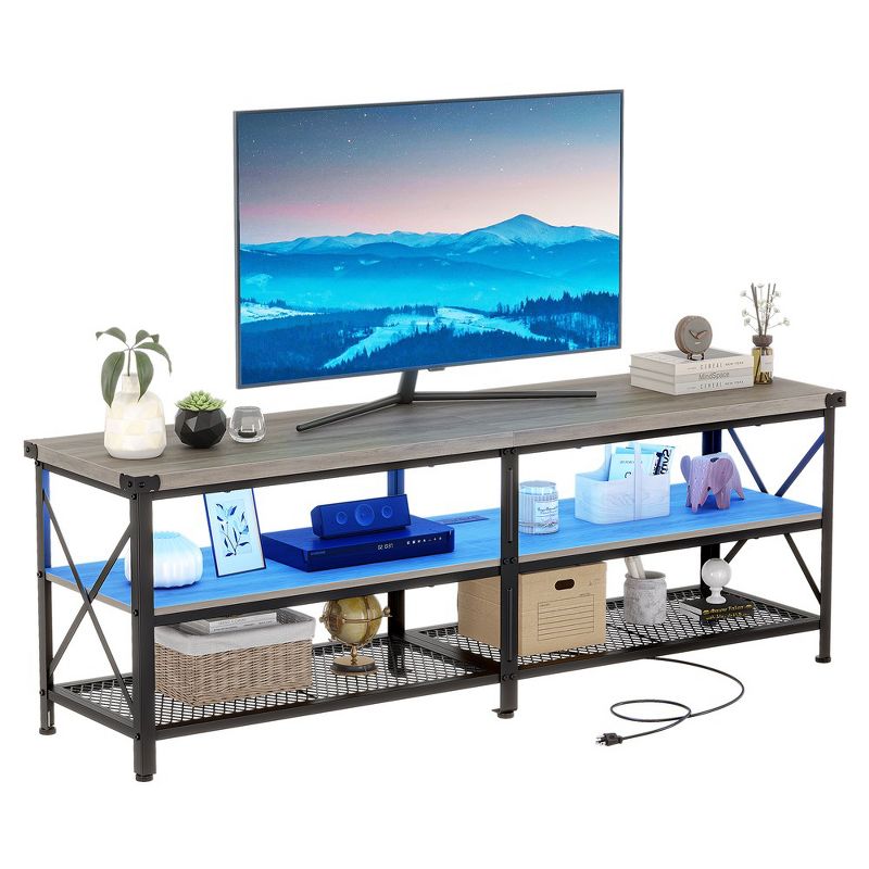 LED TV Stand, Entertainment Center for 80 inch TV Media Console Table, Gaming TV Stand with Storage Shelves and Power Outlets, Industrial TV Console, 1 of 2