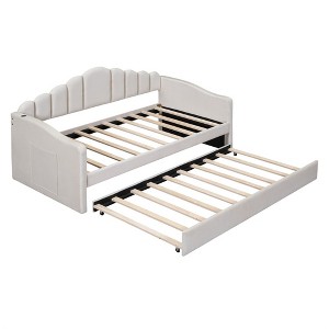 Twin Size Upholstered Daybed With Trundle, Velvet Day Bed With USB Charging Ports, No Box Spring Needed - 1 of 4