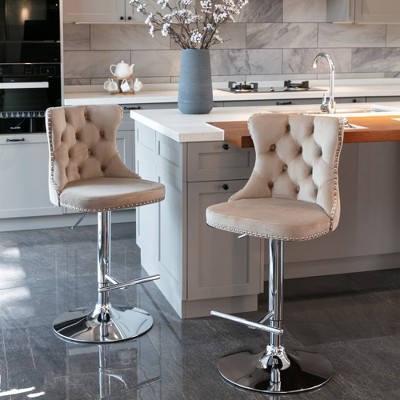 SKRAN Swivel Velvet Barstools Set of 2, Adjustable Seat Height Tufted Back Hand-Hammered Rivets Black Metal Leg For Home Pub & Kitchen Island