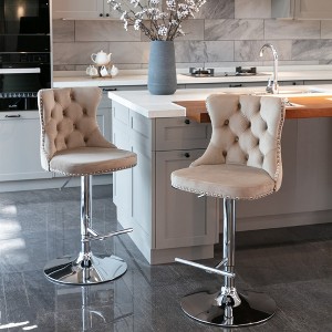 SKRAN Swivel Velvet Barstools Set of 2, Adjustable Seat Height Tufted Back Hand-Hammered Rivets Black Metal Leg For Home Pub & Kitchen Island - 1 of 4