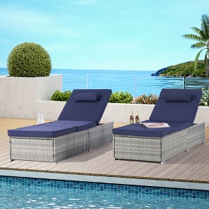 TiramisuBest 2-Piece Outdoor PE Gray Rattan Deck Chair Set - Dark Blue - 1 of 4