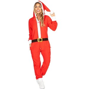 Tipsy Elves Womens Santa Christmas Jumpsuit Festive One Piece Holiday Pajamas Cozy Santa Suit Style Outfit - 1 of 2