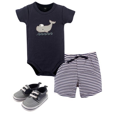 Hudson Baby Infant Boy Cotton Bodysuit, Shorts and Shoe 3pc Set, Sailor Whale, 6-9 Months