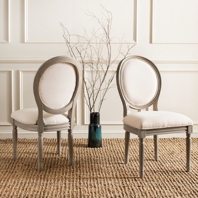 Beige Linen Upholstered Side Chair with Wood Carved Legs - Set of 2