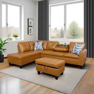 DOMETOUR Ginger Semi PU Synthetic Leather 3-Piece Sofa Set (Sofa+Chaise+Ottoman)
