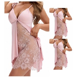 INSPIRE CHIC Women's 3 Packs Lace Deep V Open Full Slips Plunge Lingerie with Bulit in Bra - 1 of 4