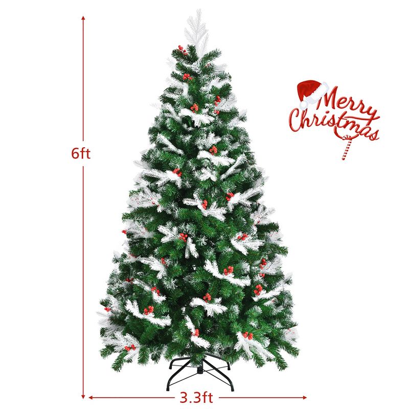 Costway 5/6/7ft Unlit Snowy Hinged Christmas Tree w/ 418 / 818 / 1180 Mixed Tips & Red Berries, 4 of 12