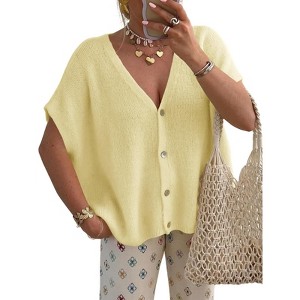 Clearlove Women Oversized Cropped Summer Sweater Short Sleeve V-Neck Button Down Cardigan Solid Color Trendy Lightweight Knitted Shirt - 1 of 4