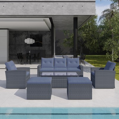 Whisen 6-Pieces All-Weather Wicker PE Rattan Patio Outdoor Dining Conversation Sectional Set with Coffee Table, Ottomans and Removable Cushions