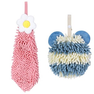 REGALWOVEN Soft Absorbent Cute Fuzzy Hanging Decorative Bathroom Chenille Hand Towel 6" x 15"/7" x 7" 2 Packs - 1 of 4