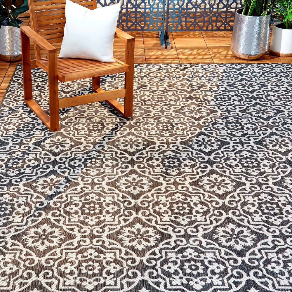 9'2" x 12'5" Danica Outdoor Patio Country Rug Black/Gray - Nicole Miller