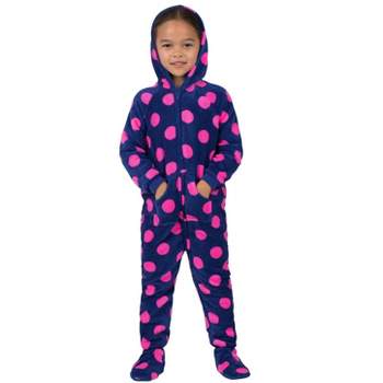 Footed Pajamas - Family Matching - Navy Pink Polka Hoodie Chenille Onesie For Boys, Girls, Men and Women | Unisex