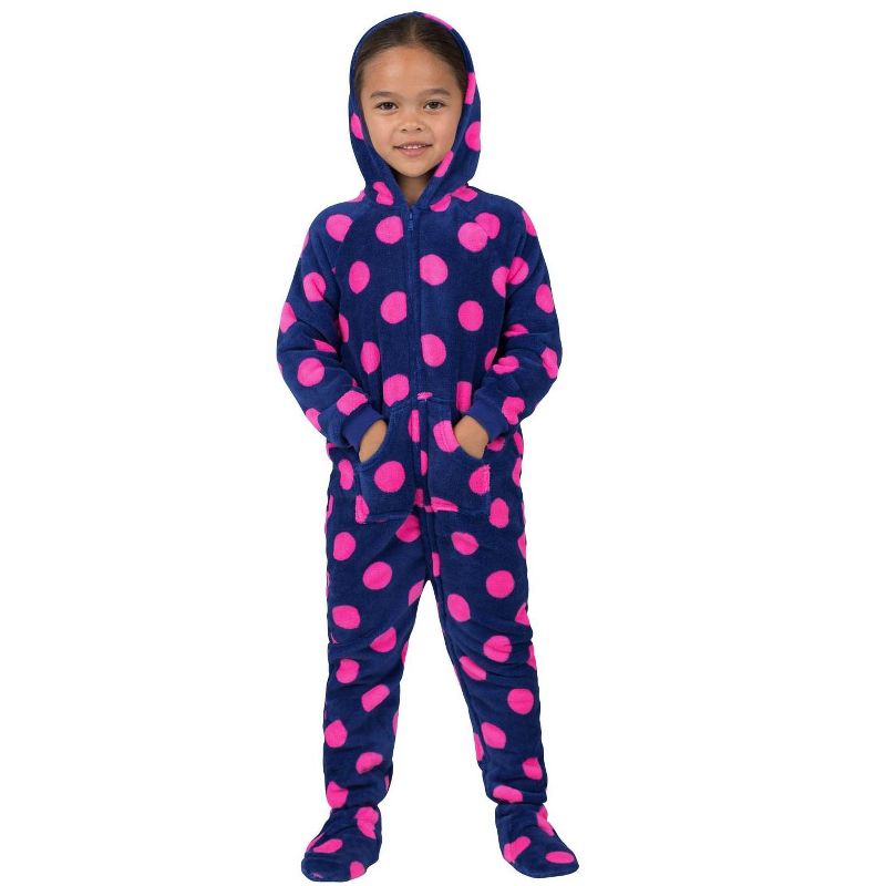 Footed Pajamas - Family Matching - Navy Pink Polka Hoodie Chenille Onesie For Boys, Girls, Men and Women | Unisex, 1 of 4