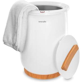 SereneLife Large Bucket Towel Warmer, White & Bamboo