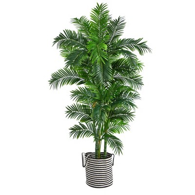 Nearly Natural 6-ft Curvy Parlor Artificial Palm Tree in Handmade Black and White Natural Jute and Cotton Planter